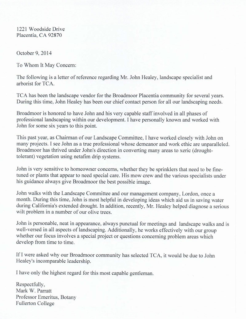 Reference Letter For Landscaping Company